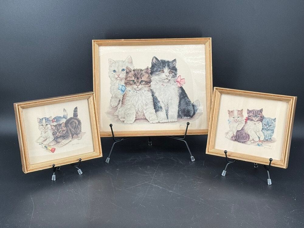 Vintage 1950's Grace Lopez Set of 3 Kitten Cat Prints Framed Mid Century Kitsch